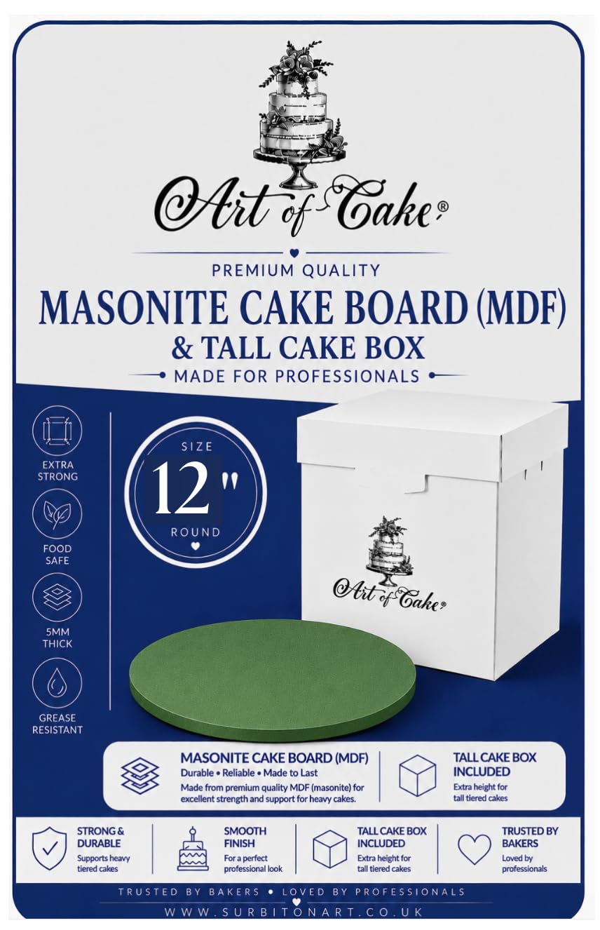 Art of cake® Masonite Cake Board (5mm Thick) and White Tall Cake Box (Green, 12")