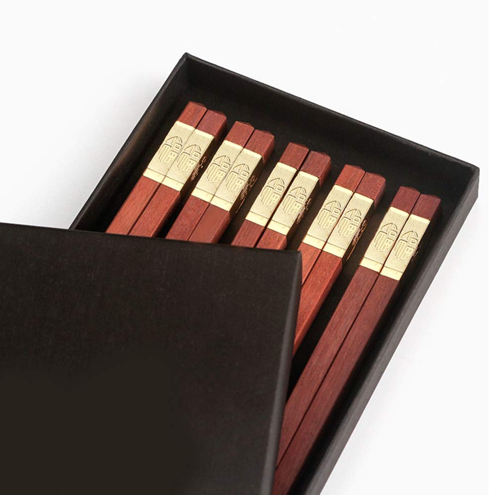 Baguettes, baguettes chinoises Reusable Wood Chopsticks Gift Set with Case Dishwasher Safe ChopsticksChinese Wood Square Chopsticks Natural Wooden Chopsticks5 Pairs Beginner Chopsticks,Gold(Gold)