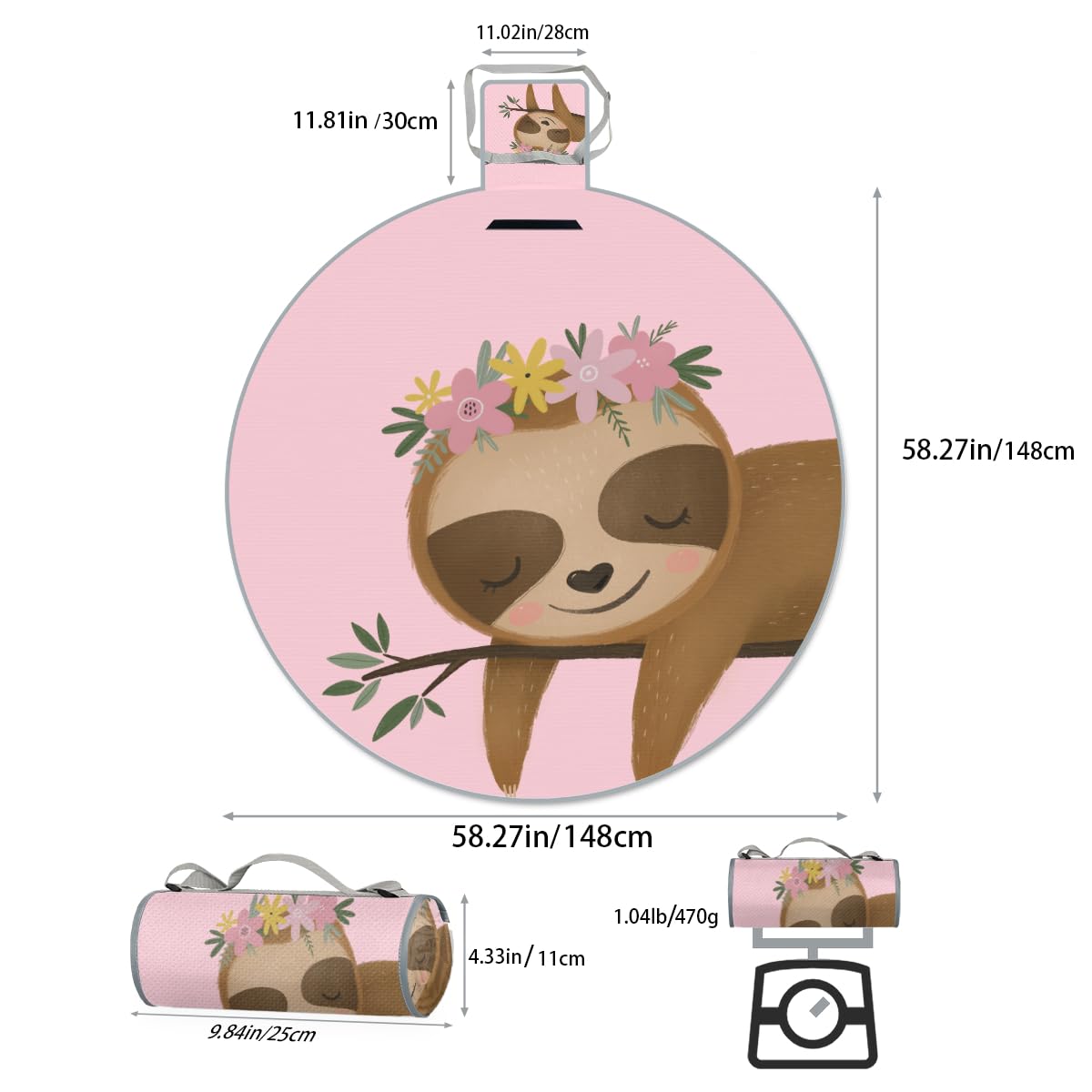 Shimoshe Flower Sloth Picnic Outdoor Blanket Foldable Waterproof Sandproof Beach Blanket Portable Water-Resistant Round Picnic Mat for Travel Camping Park Lawn