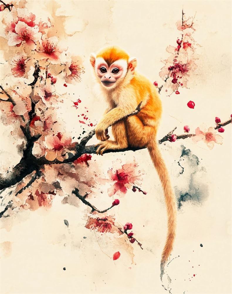 Henypt Cross Stitch Kit,Monkey Standing On A Plum Blossom Branch Easy Pre Printed Stamped Embroidery Stitch Kit for Adult Beginners, Embroidery Starter Advanced Easy Crossstitch Patterns Set Needl
