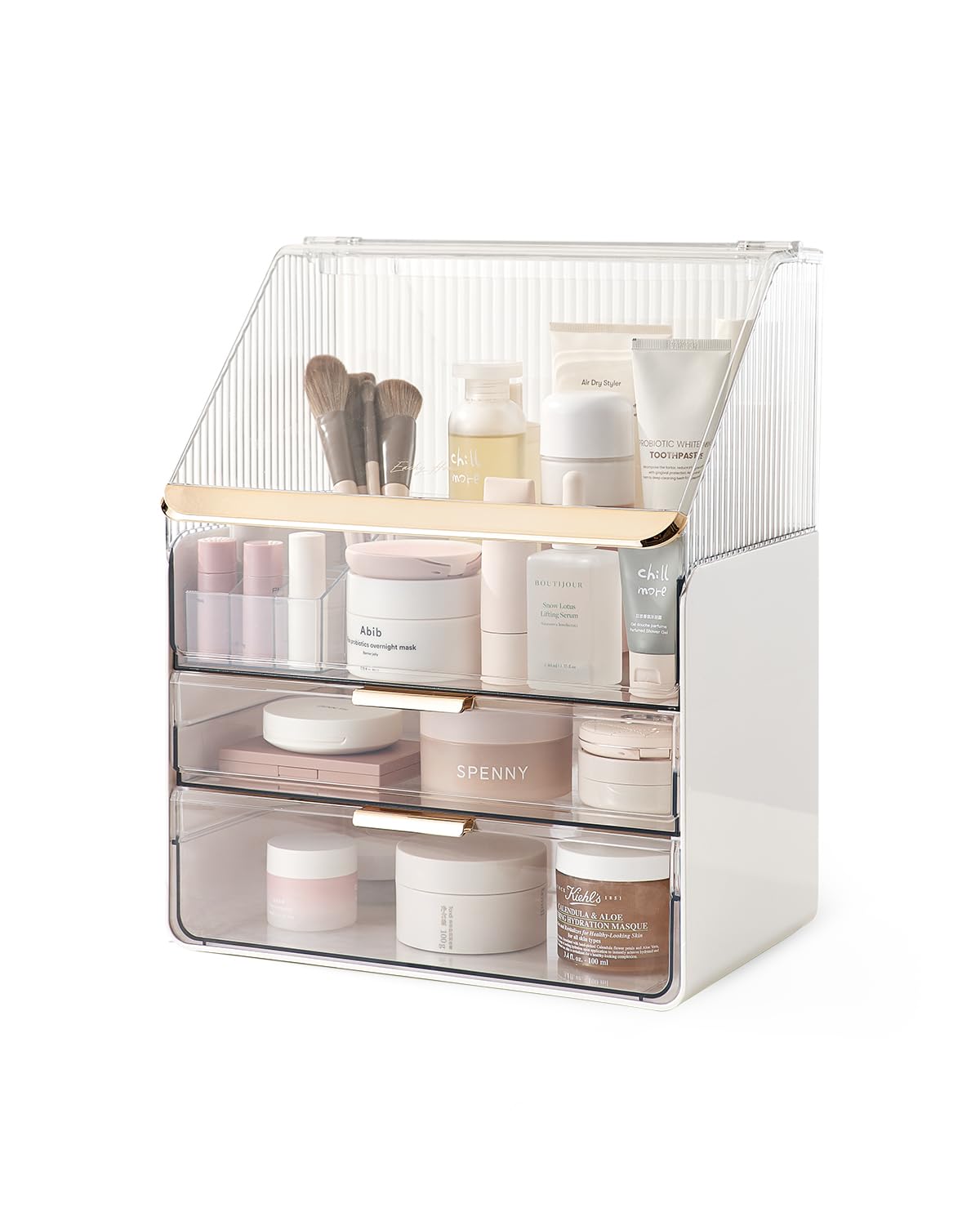 Makeup Organizer for Vanity, Cosmetic Display Cases with 2 Drawers and Transparent Dustproof Cover, Skincare Organizers and Lipstick Organizer (White)