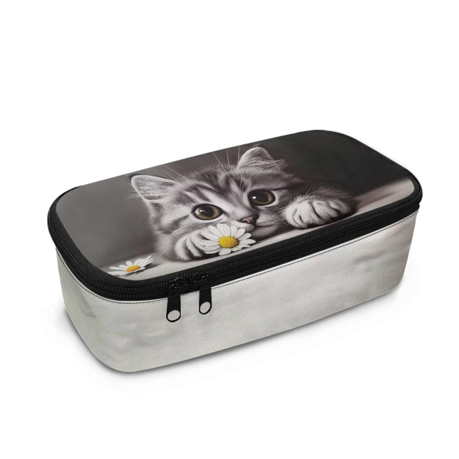 TOADDMOS 3D Cat Pencil Case Pen Box Pen Bag with Handle Office Stationery Organizer White Daisy Exam Pen Pencil Pouch for Students Office Travel School