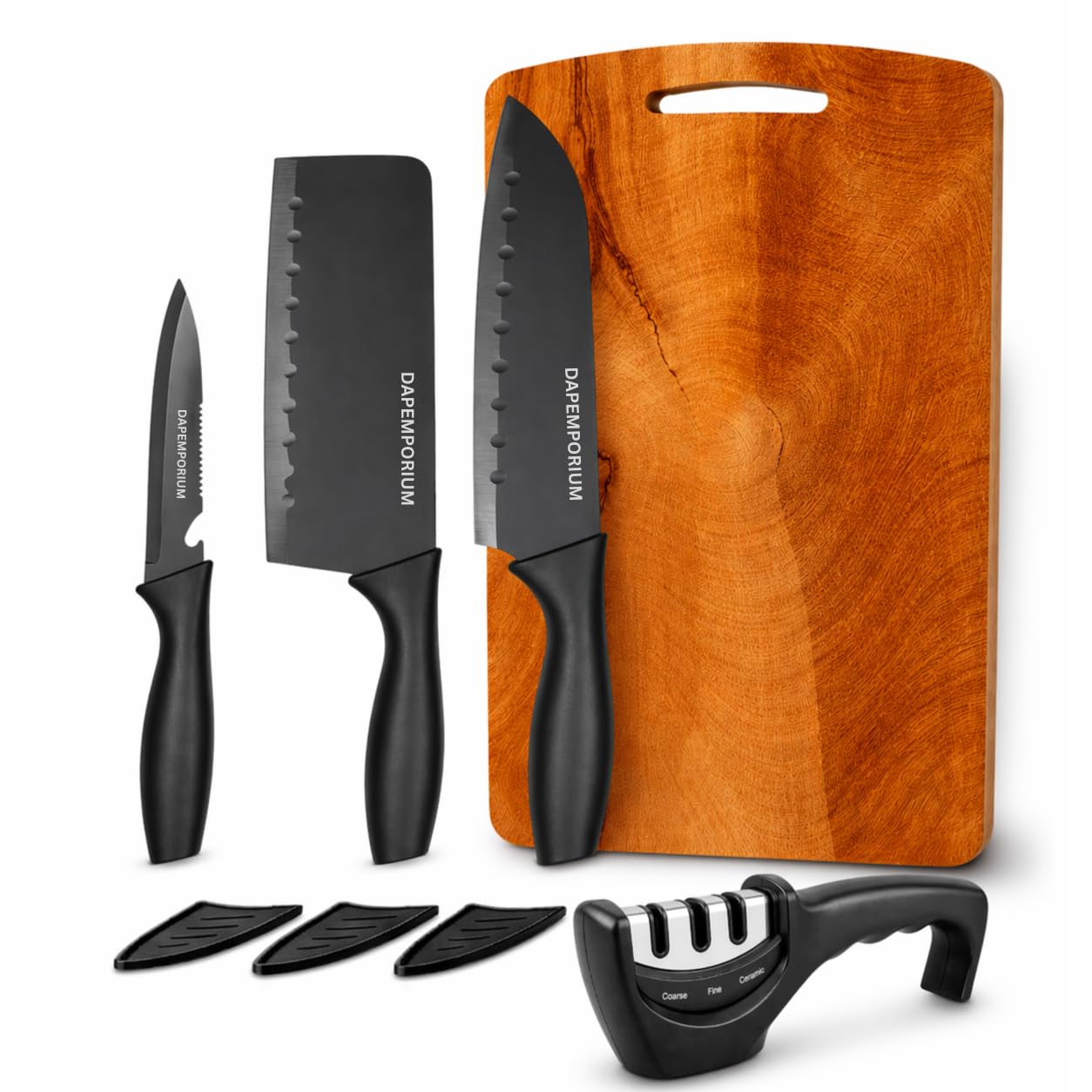 Kitchen Knife Set with Wooden Cutting Board & Knife Sharpener | Black Coted Stainless Steel Blades with Cover | 3 Slots Sharpener | Wood Chopping Board for Vegetable, Fruit & Meat Cutting-image-19