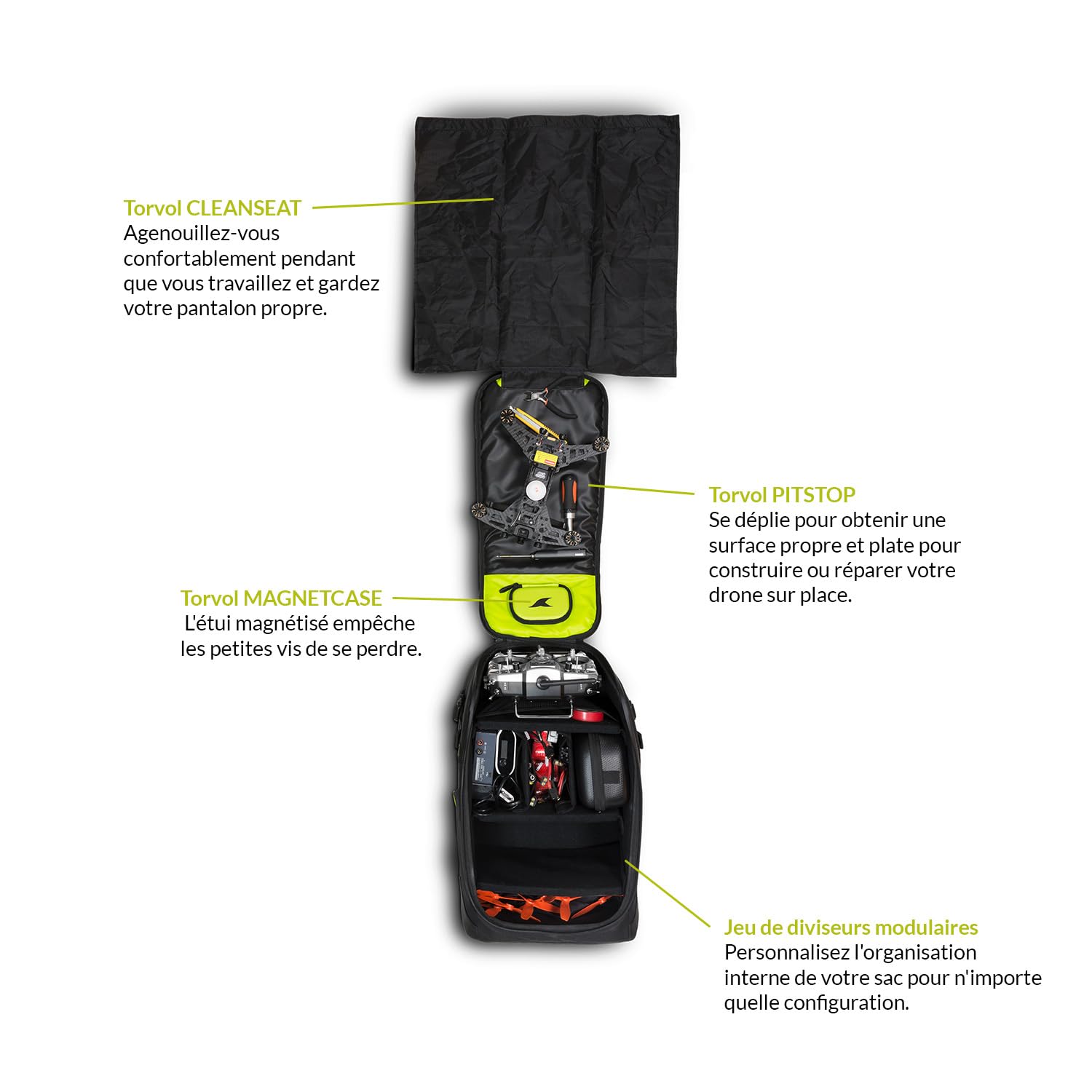Torvol - Quad PITSTOP Backpack V2, 26L, Sac à dos drone fpv, Transport 2 quads + accessoires, drone dji mini 4k, batterie dji mini 3, pc portable 15 pouces, sac a dos voyage cabine avion, Noir & vert.
