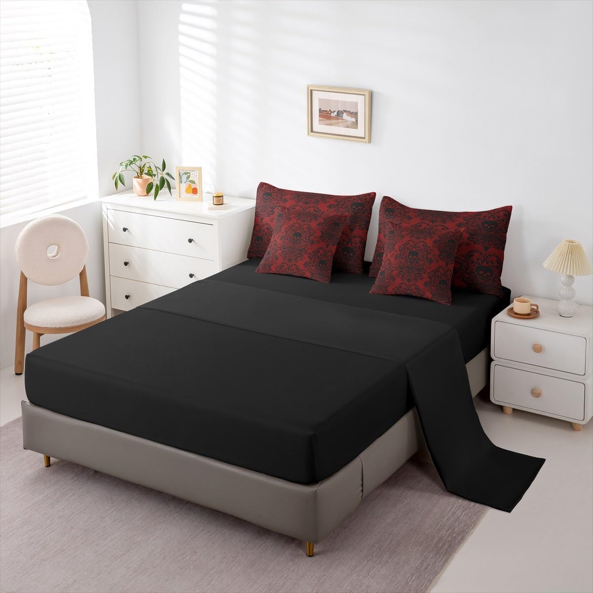 Feelyou Gothic Skull Comforter Set King Size 7 Pieces Damask Print Bedding Set Goth Bohemian Bed in a Bag with Comforter, Sheets, Pillowcases, Cushion Covers Black Red Bedroom Decor Quilted Soft