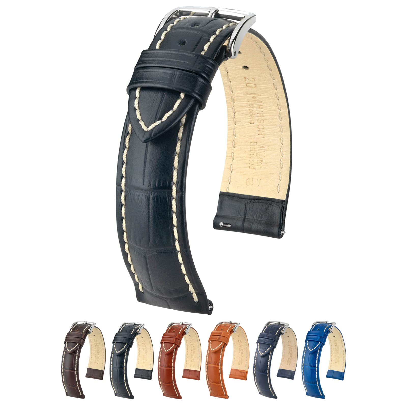 Hirsch Modena Leather Watch Strap - Black - L - 24mm / 22mm - Shiny Silver Buckle - Alligator Embossed Calf Leather Band
