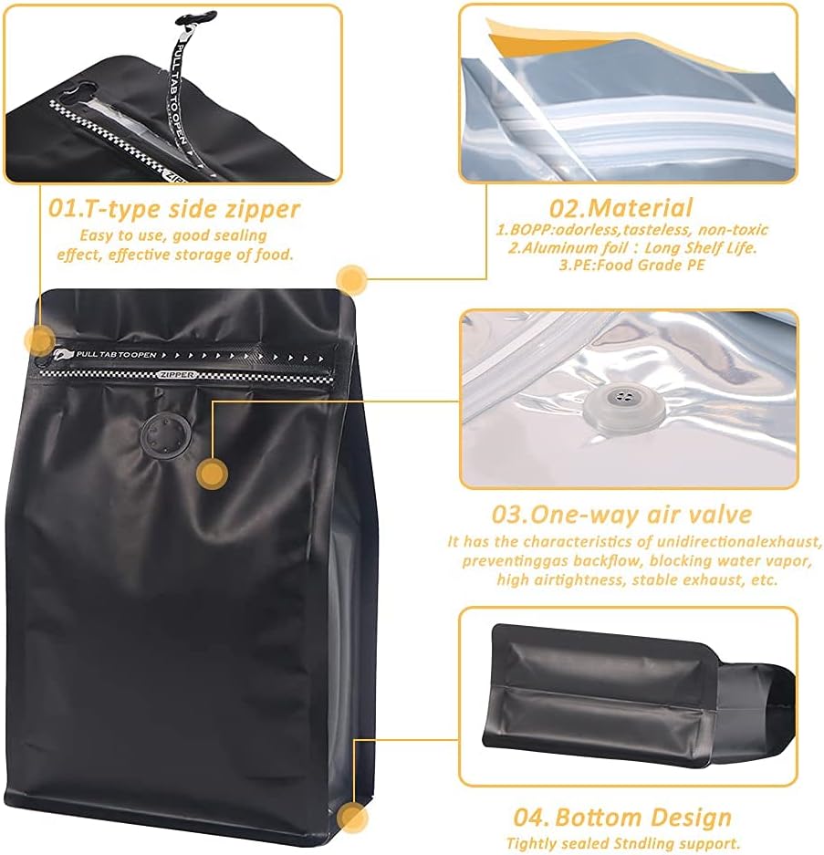 REMTAP Coffee Bags with Valve(50pcs,8 oz,1/2 lb) Black High Barrier Aluminumed Foil Flat Bottom Standing Coffee Beans Storage Bags,Reusable Heat Sealable Side Zipper Pouches for Home or Store image 3