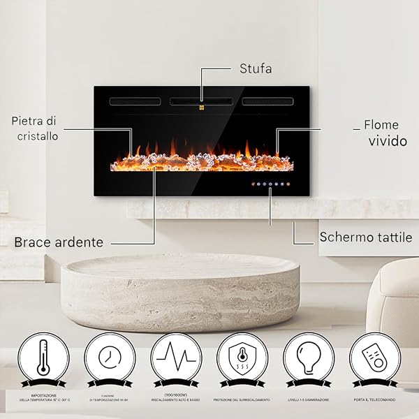 BAKAJI Camino Elettrico da Parete Incasso a Muro, Elettrocamino 3D con 12 modalità di colore LED Effetto Fiamma, Silenzioso Design Moderno, Stufa a Parete 36" Effetto Fuoco Naturale (Livigno 91 cm) - 5