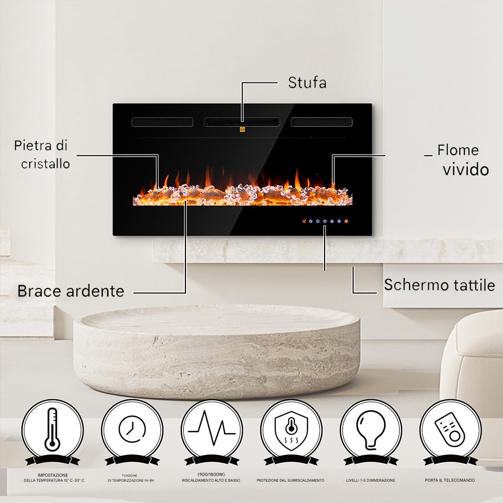 BAKAJI Camino Elettrico a Incasso Livigno con Cornice Nera 2000W, Caminetto Muro con Telecomando, Stufa a Parete Effetto Fuoco Realistico, Termostato Digitale, Protezione Surriscaldamento (36 Pollici)