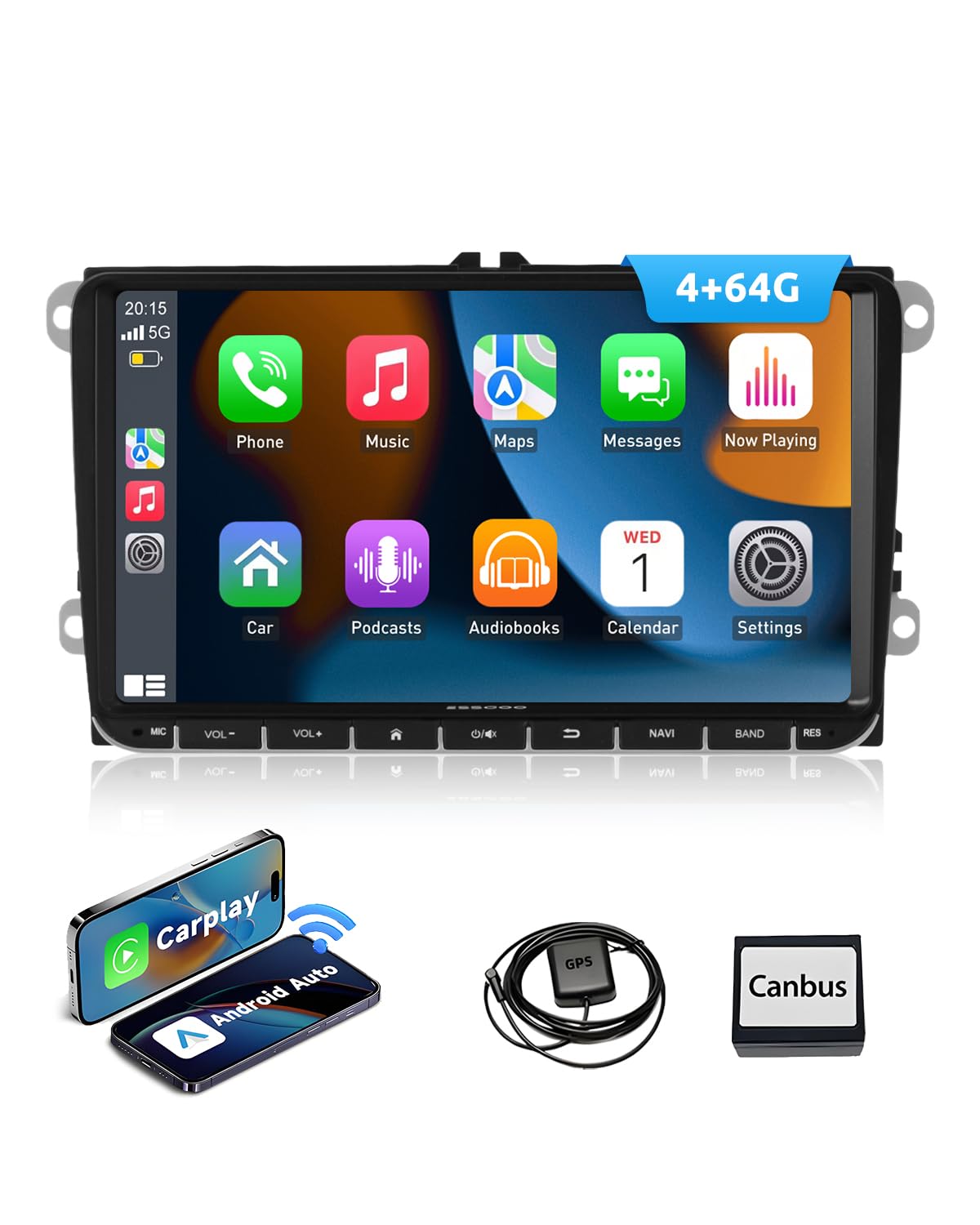 Essgoo 4+64G Autoradio 9 Zoll Android 14 Radio mit Carplay und Wireless Auto für VW Golf 5 6 Touran B6 EOS Tiguan Polo mit Bluetooth GPS RDS Navi Mirror Link FM SWC