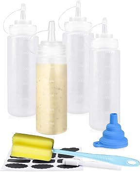 4 Pack 16oz Sauce Bottle, 500ml Plastic squeezy bottles with nozzles, Multipurpose condiment bottle for Ketchup, Squeezy Squirt Bottles for BBQ Sauces Syrup Salad Dressing Oil Liquids Art
