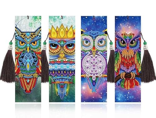 4 Pieces Owl Diamond Bookmark 5D Painting Beaded Bookmarks Leather Tassel Bookmark Diamond Art Bookmark Diy Making #TOP5