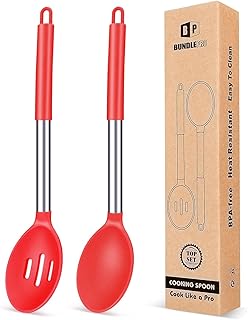 Paquete de 2 cucharas grandes de silicona para cocinar, cucharas sólidas antiadherentes, utensilios de cocina resistentes al calor para mezclar, servir, drenar, remover (rojo)