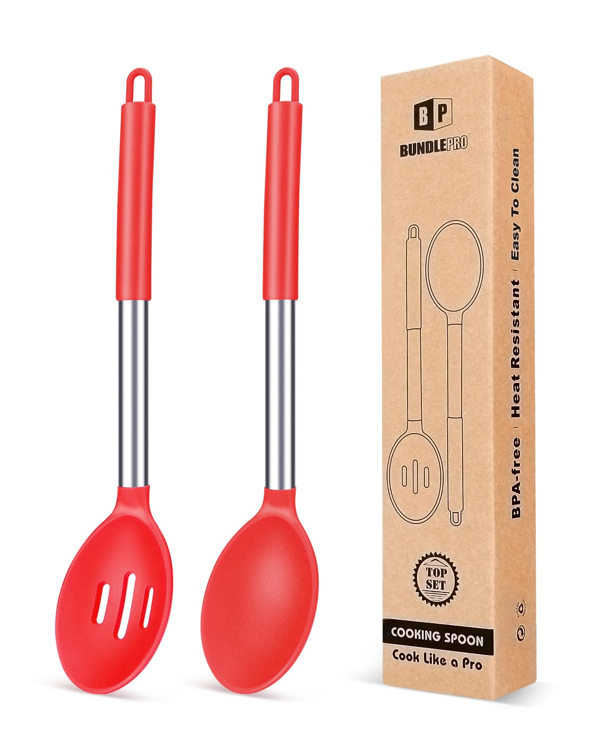 Pack of 2 Large Silicone Cooking Spoons,Non Stick Solid Basting Spoon,Heat-Resistant Kitchen Utensils for Mixing,Serving,Draining,Stirring (RED)
