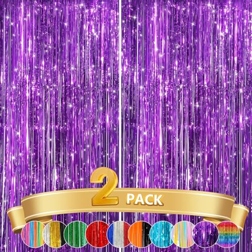 Image of GCB 2Pack Purple Metallic Tinsel Foil Fringe Curtains, Door Streamers Photo Booth Backdrop for Birthday Party Wedding, Purple Curtain Backdrop for Baby Shower Bachelorette Christmas Party Decorations