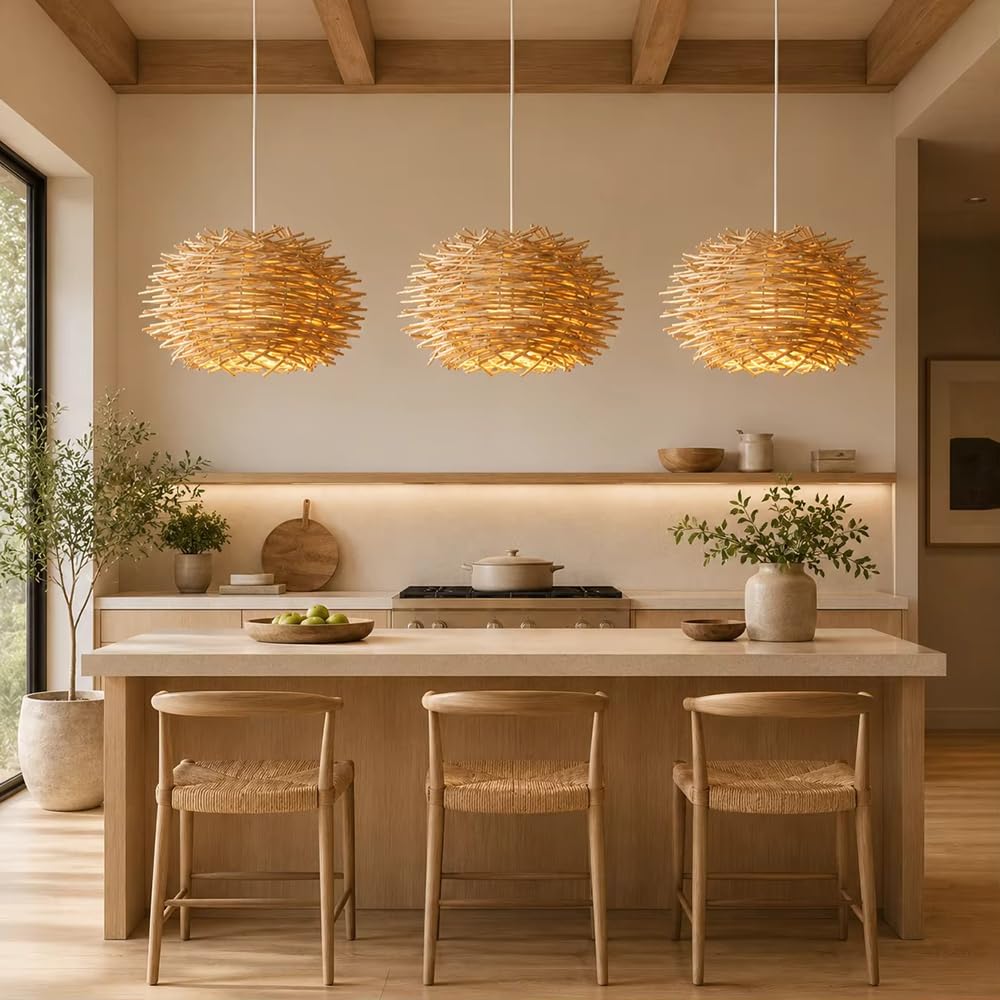 Lampadario In Rattan Stile Boho, 30 Cm, Intrecciato A Mano, Stile Rustico, Ideale Per Sala Da Pranzo, Isola Cucina, Soggiorno E Ingresso.