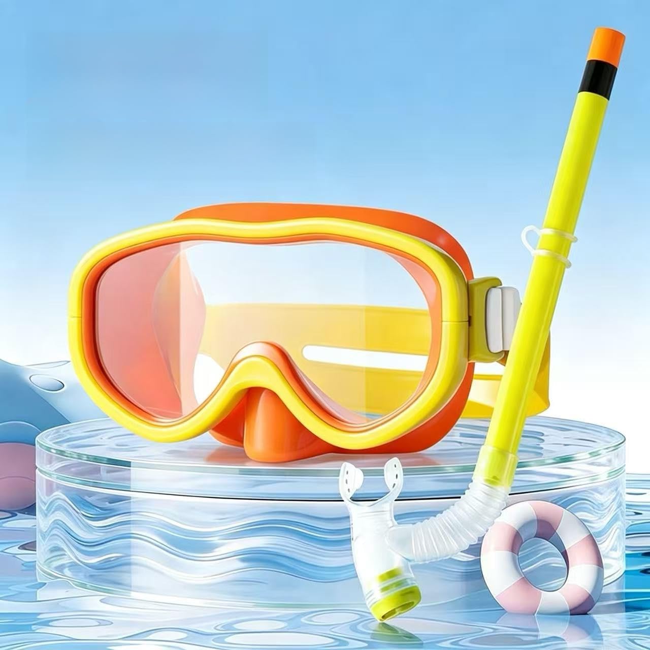 Snorkel Mask Set,Anti-Leak Snorkel Mask with Flexible Snorkel Tube,180° Anti-Fog Panoramic Dive Mask, Leakproof Underwater Dive Mask for Kids, Pool & Beach Swimming Accessories Equipment (Yellow)