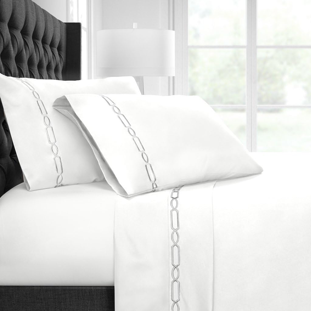 Egyptian Luxury Embroidered Bed Sheet Set – Ultra Soft Premium 1500 Series w/Beautiful Fretwork Embroidery – Wrinkle & Fade Resistant, Hypoallergenic 4 Piece Set - Queen - White/Silver