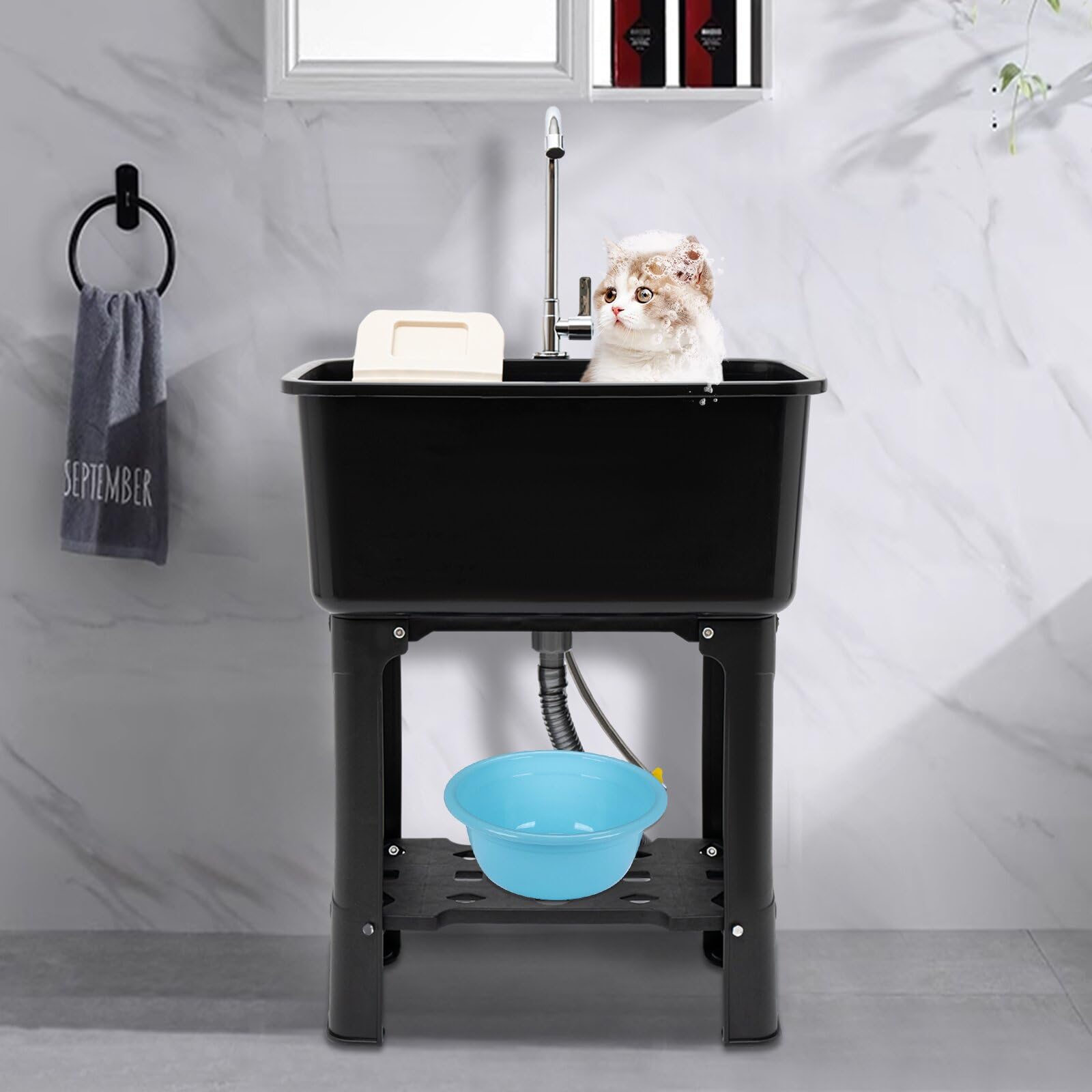 Fregadero independiente con grifo giratorio de 360°, estante de almacenamiento, tabla de lavado y manguera, fregadero multifuncional de altura ergonómica de 30 pulgadas con amplio espacio inferior