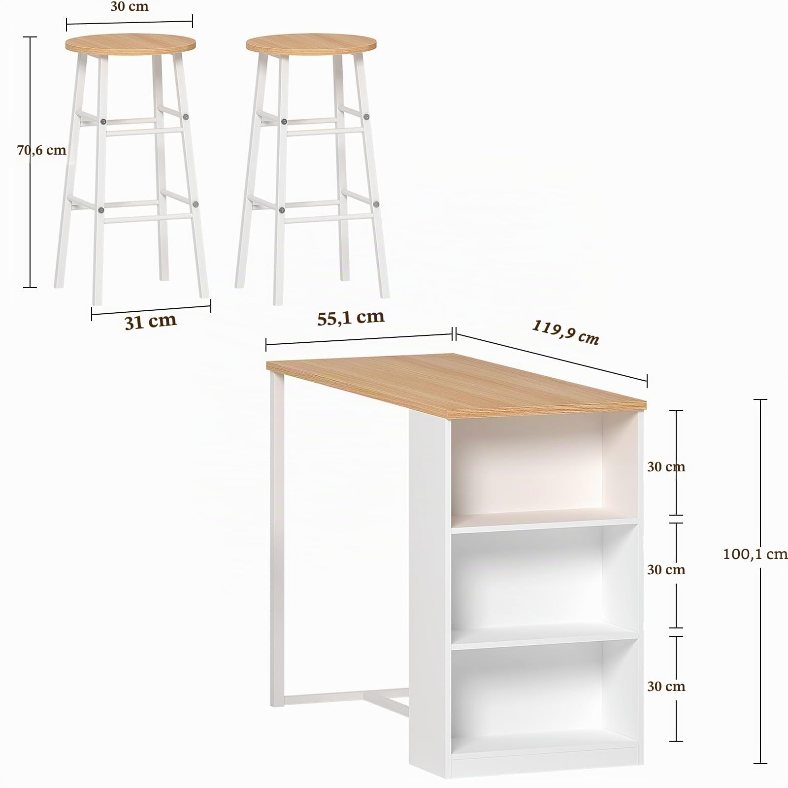 DlandHome Tavolo da bar con 3 armadietti di stoccaggio+ 2 sgabelli alti set per bar da 3 pezzi per 2 persone tavolo da pranzo per cucina/sala da pranzo/soggiorno in teak / bianco