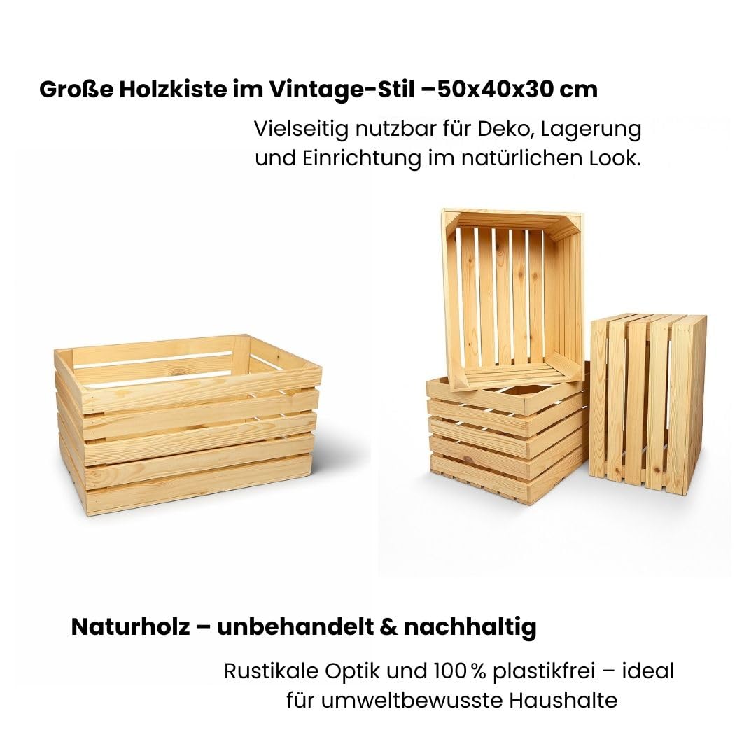 Grandes caisses en bois 50x40x30 cm – Lot de 3 boîtes naturelles – Caisse à vin, fruits et légumes – Boîte de rangement en bois vintage pour déco, cuisine, jardin ou étagère