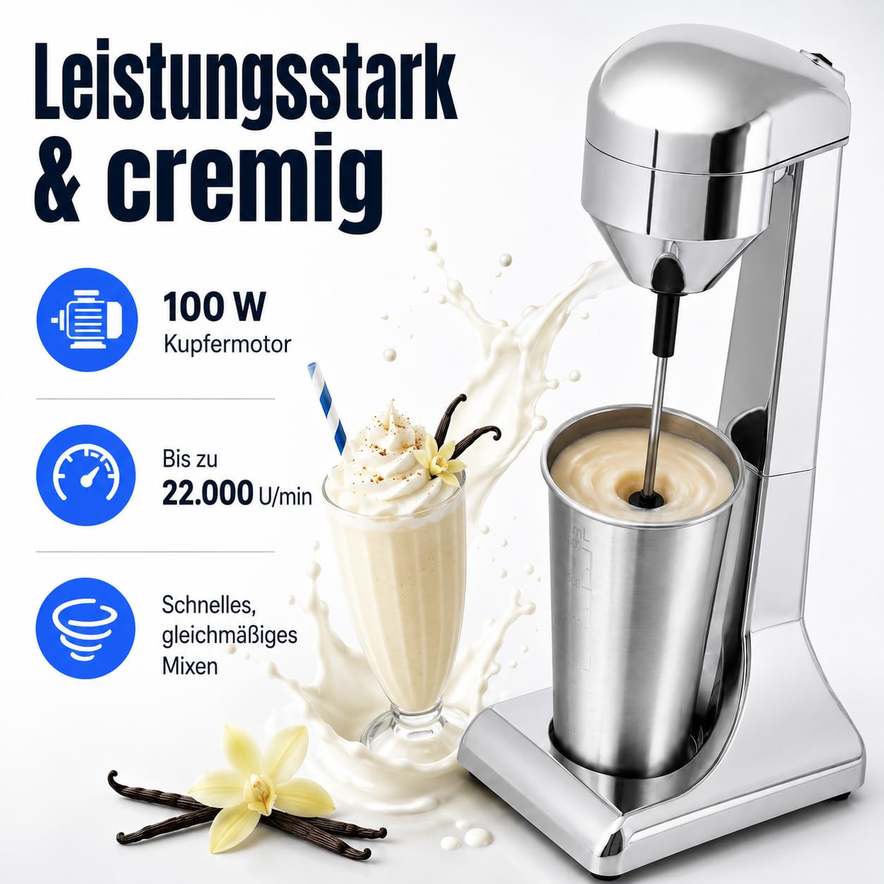 Frappe Mixer, Eiweiß Shaker Elektrisch mit 2 Geschwindigkeitsstufen Standmixer mit 1 Becher, Edelstahl Milchshake Mixer für cremige Milkshakes, Eiweißshakes, Cocktails, Frappes oder Smoothies