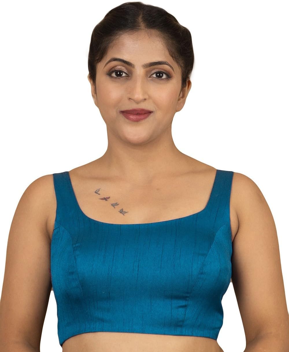 Women's Raw Silk Sleeveless U Round Neck Plain Readymade Saree Blouse Padded Stitched Lining Designer Indian Festive Blouse | S5