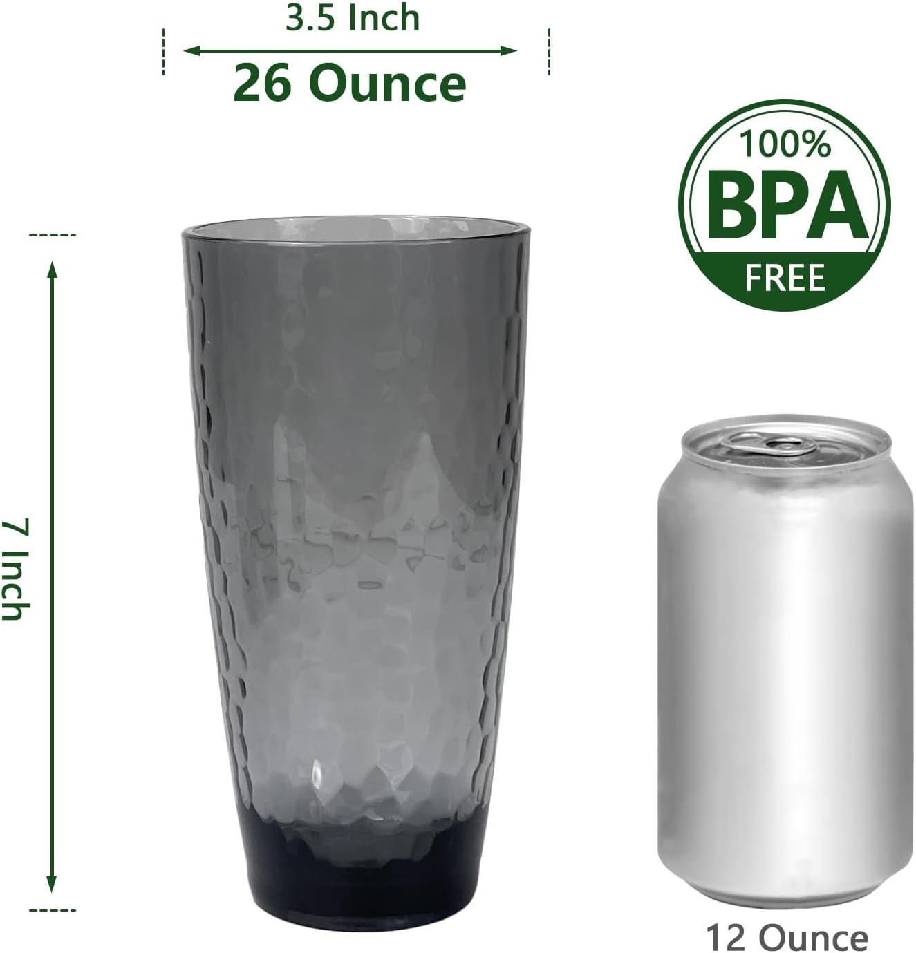 Set of 6 26-Ounce Large Acrylic Glasses Plastic Tumbler/Drinking Cups,Hammered Style,BPA Free (Grey) - Image 2