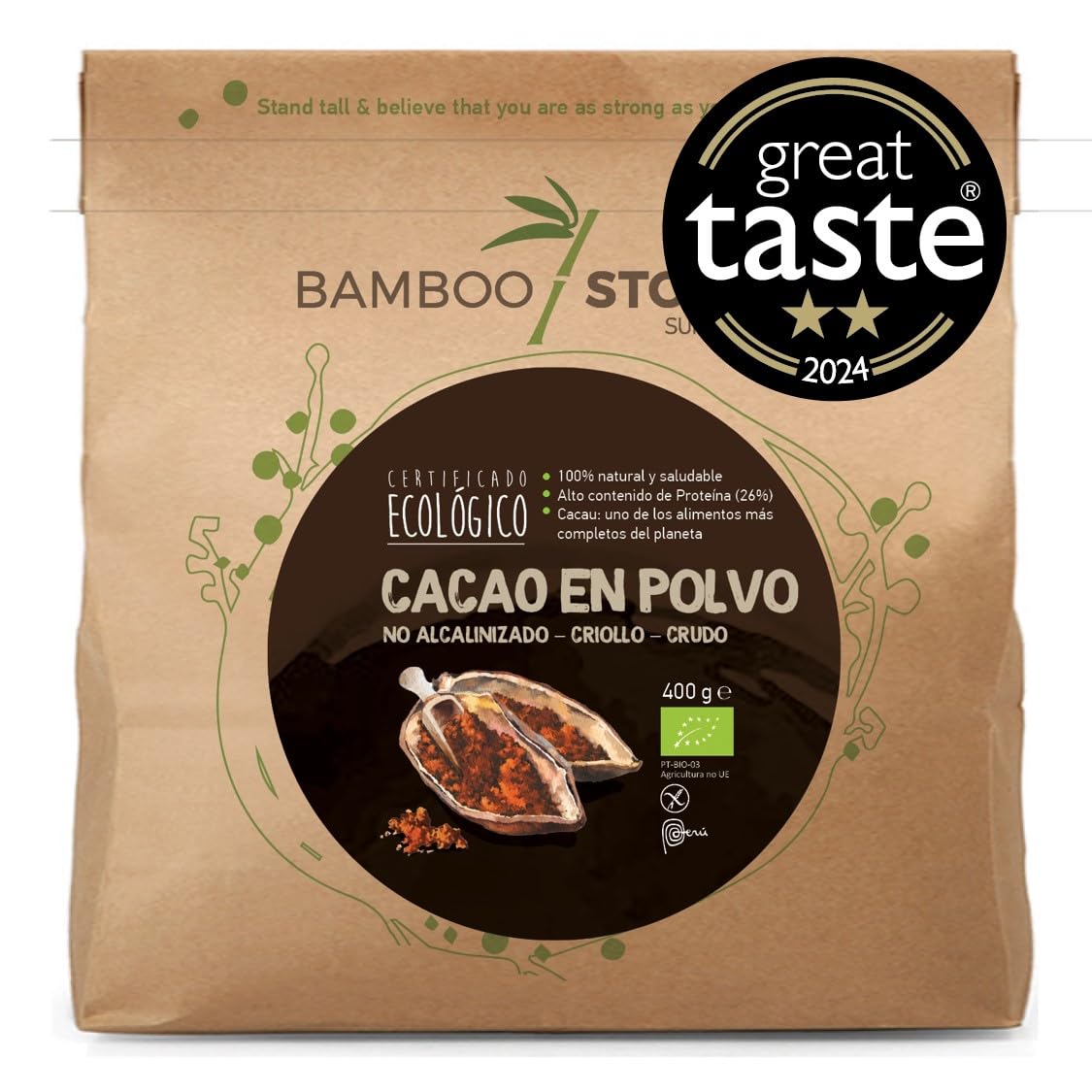 100% CRUE | NOUVEAU | Cacao Poudre | BAMBOO STORY | Biologique | 100% Pérou | Criollo Premium | Great Taste Award | Non Alcalinisé | 400g | Pur | Sans Sucre | Matières Grasses 18%