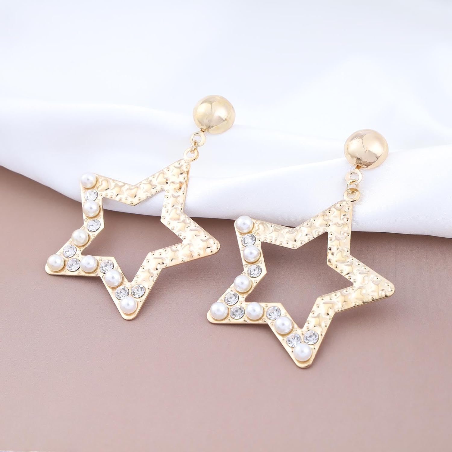 Vintage Big Pearl Star Dangle Earrings Gold Crystal Star Earrings Hollow Star Drop Earrings Star Celestial Earrings Exaggerated Metal Earrings Jewelry for Women - Image 3