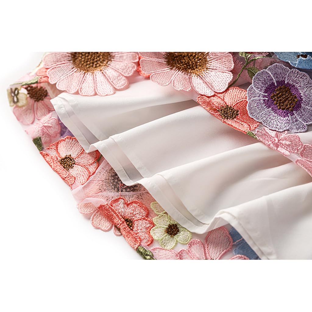 Damen-Midi-Tüllrock mit 3D-Blumenstickerei, Vintage-Stil, elastisch, hohe Taille, Stickerei, Sonnenblumen-Mesh, A-Linien-Rock