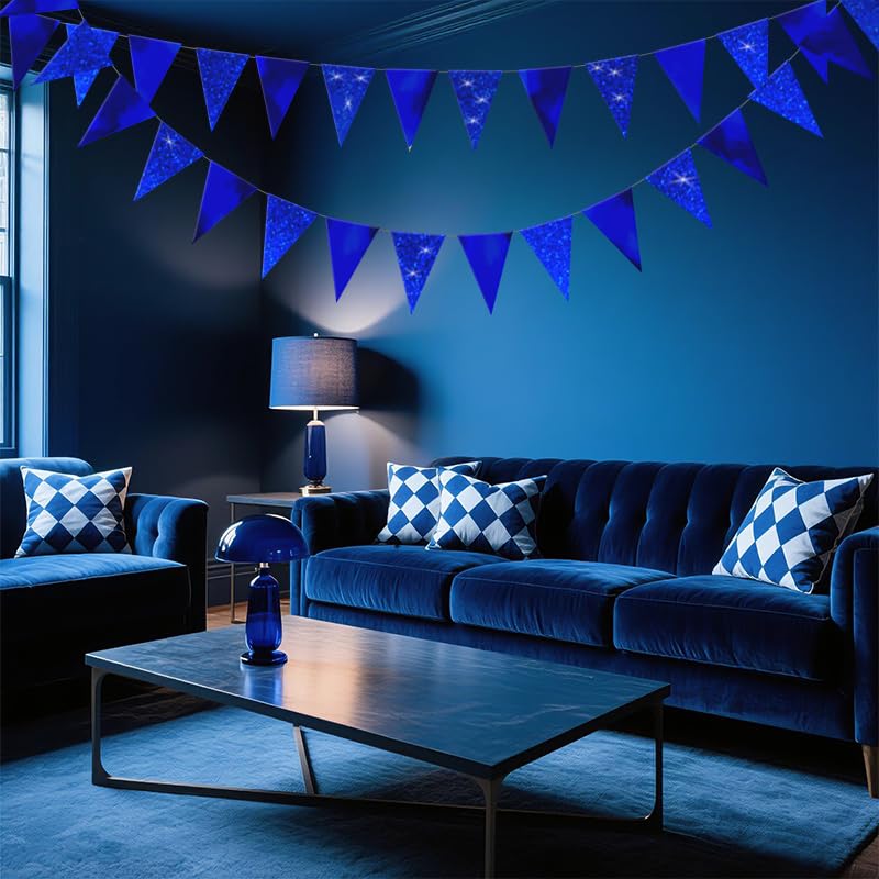 Image of Blue Hanging Triangle Flag Pennant Garland Blue Hanging Paper Pennant Streamer Paper Triangle Flag Bunting Banner for Graduation Wedding Engagement Birthday Party Decorations 30 Feet
