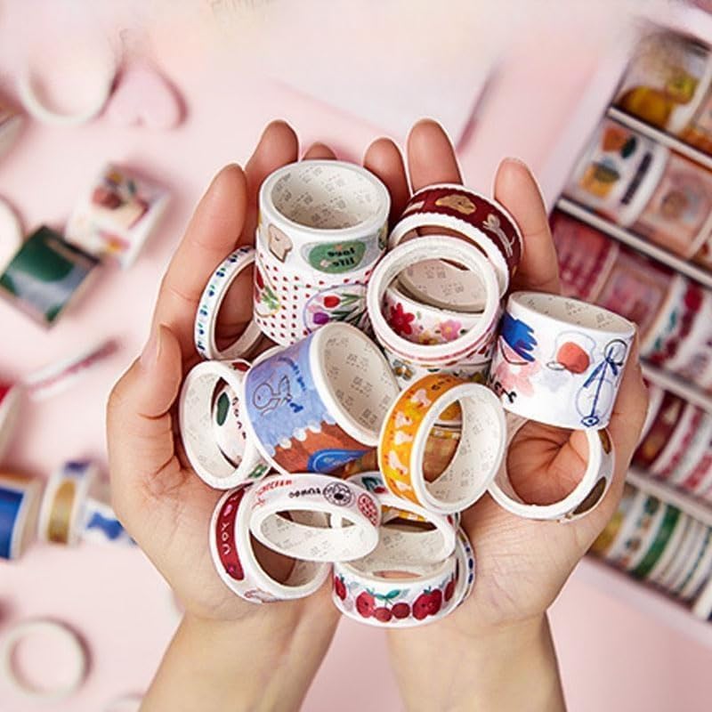 Image of Washi Tape Set - 100 Pcs Decorative Designer Tapes + 20 Kawaii Stickers, Tweezer, Pen, Spatula in 3-Layer Storage Box | Masking Tapes for DIY Crafts, Journaling, Scrapbooking (MODEL 2)