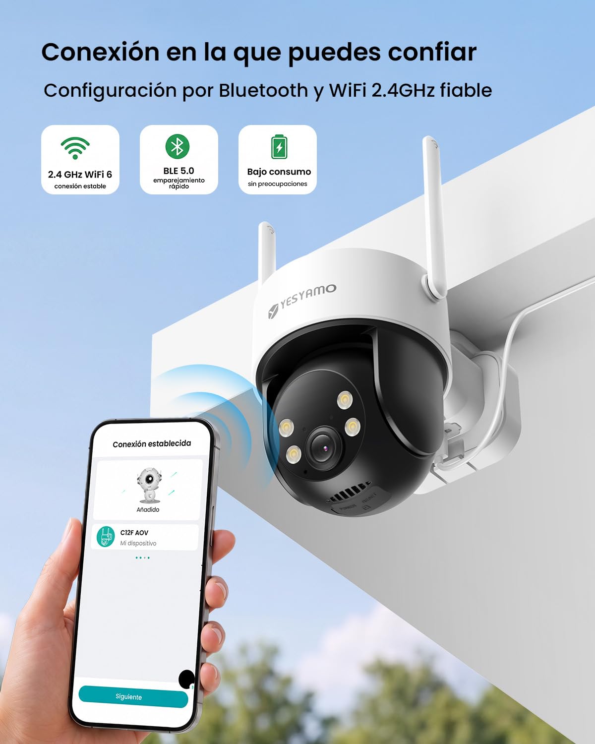 YESYAMO AOV 24/7 Grabación Continua Cámara Vigilancia WiFi Exterior 4MP | Panel Solar 9W, Batería 9000 mAh con Calefacción, Detección IA 30M, 360° Seguimiento Automático, Sin Cables para Casa, 2.4GHz