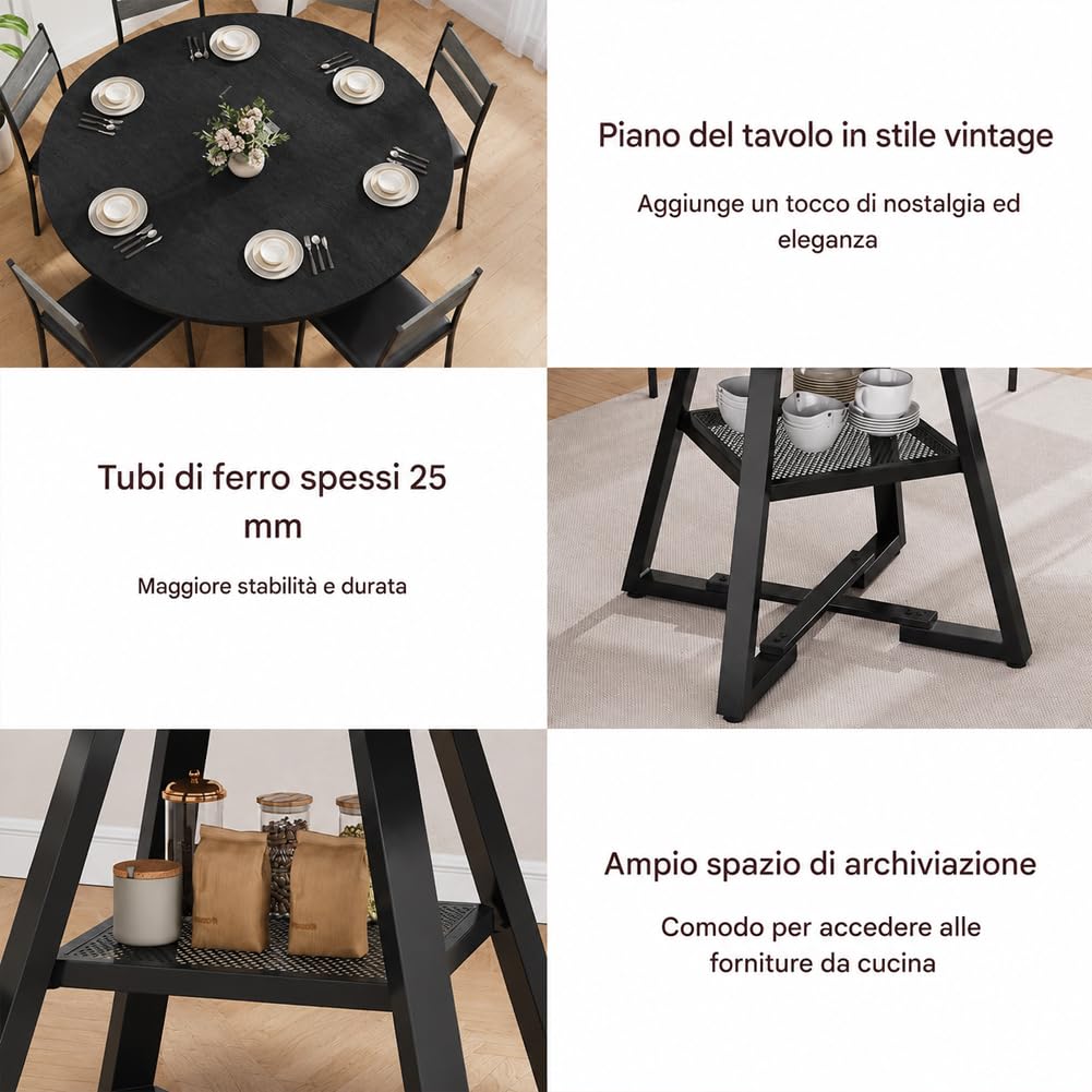 Shally Dogan Tavolo Rotondo per Sala da Pranzo e Cucina Diametro 120cm, Gambe in Metallo con Ripiano Portaoggetti Inferiore e Piano in Legno, Ideale per Casa e Ufficio (Nero)