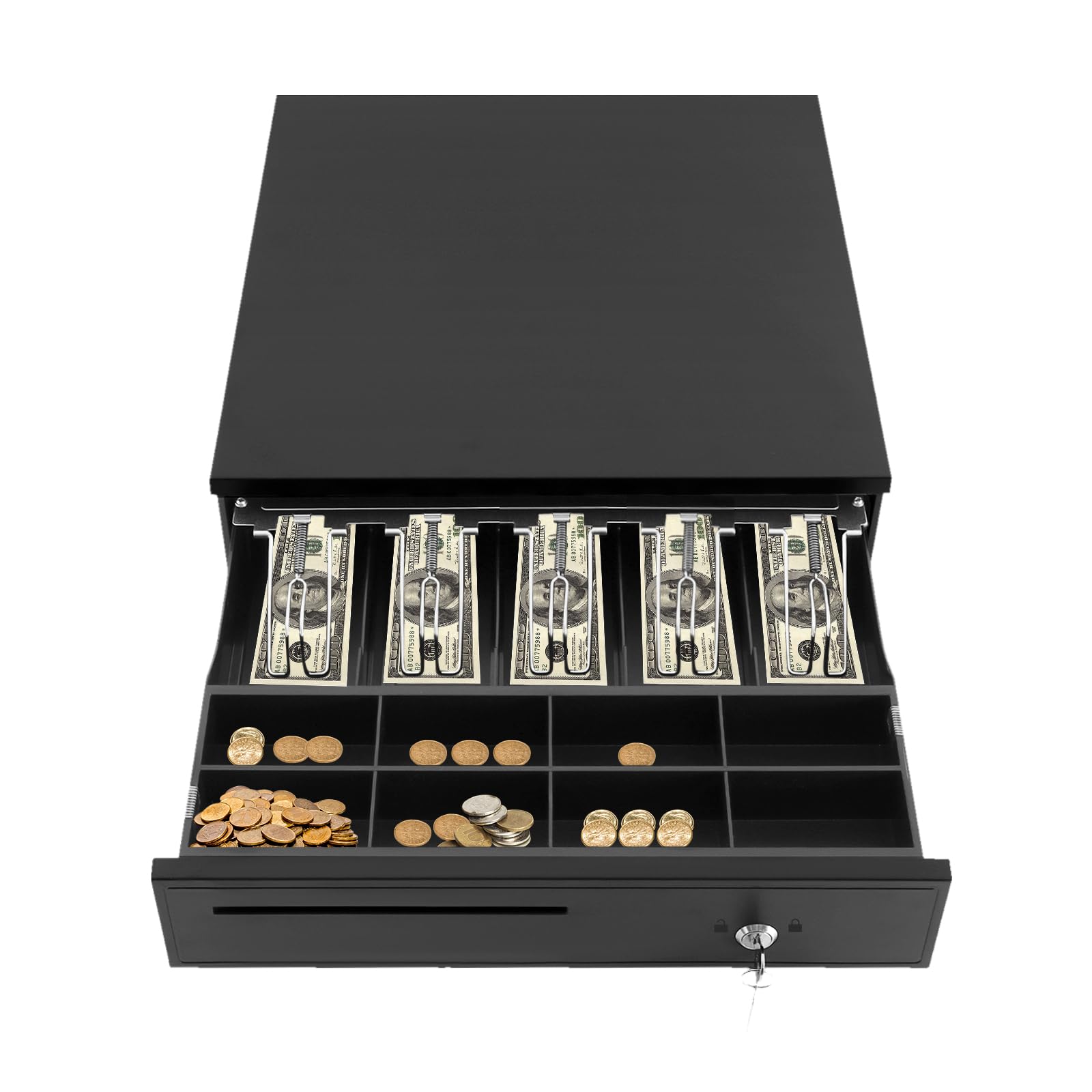 Cajón de efectivo de 42,5 x 40,5 x 10 cm, 3 modos de bloqueo, cajón registrador con 5 ranuras para facturas y 8 compartimentos para monedas