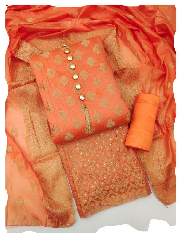 COCFI Women's Banarasi Cotton Silk Unstitched Salwar Suit Dress Material, Women Banrasi Silk Blend Salwar Suit New Desing 2023 With Banarasi Duppata Free Size Utpo 42".