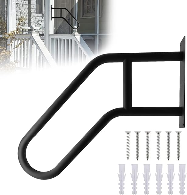RYUNQ Handrail Wall Mount, Outdoor Handrail for Stairs Fit 2 or 3 Steps, U-Shaped Metal Handrail, Black Transitional Hand railings, Stainless Steel Handrail Support for Toilet,Outside Stairs,Porches