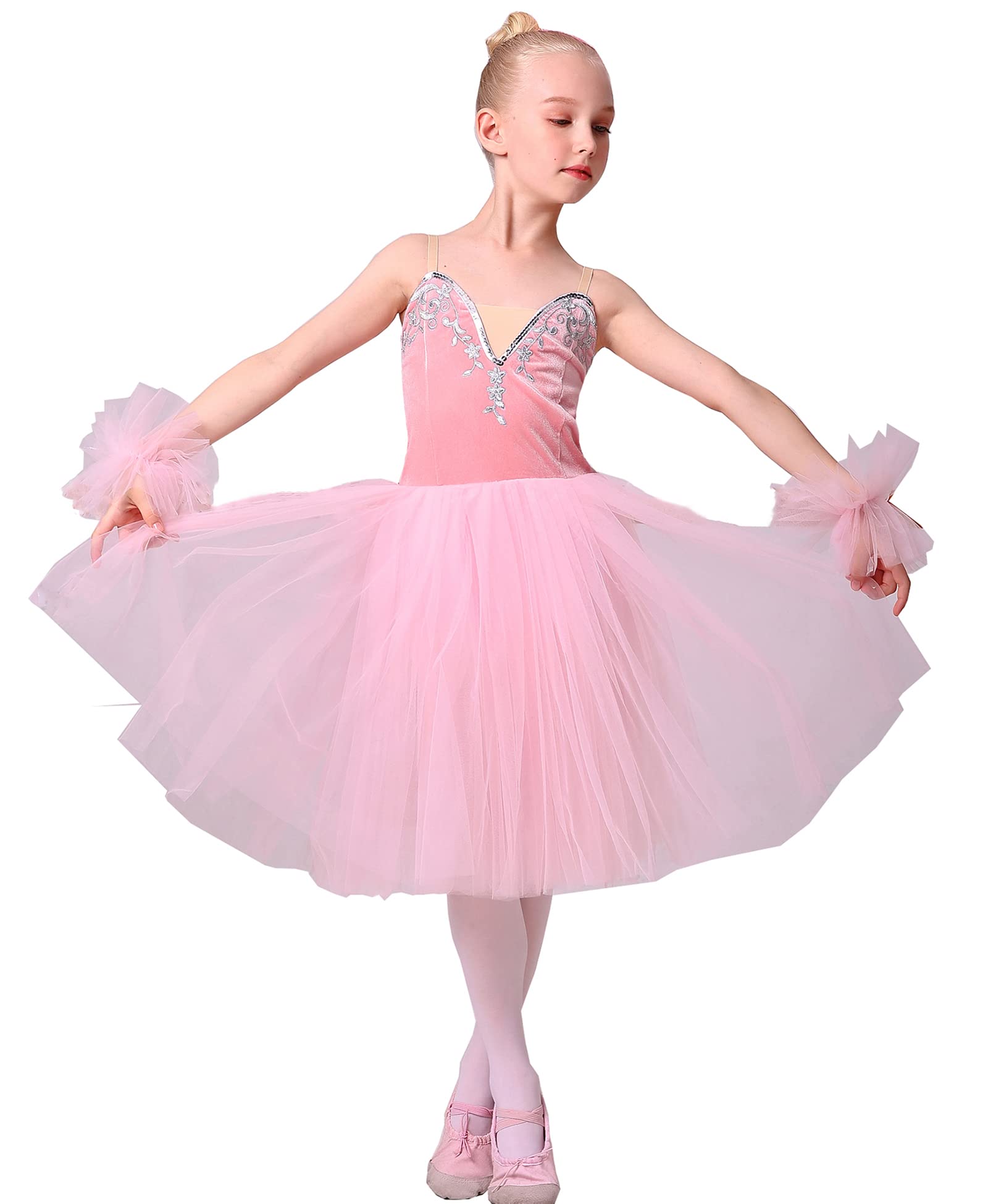 ORIDOOR Girls' Camisole Skirted Leotards Swan Dance Performance Costumes Sequin Lace Ballet Dress Tutu Skirt 130 Pink 8-9 Years