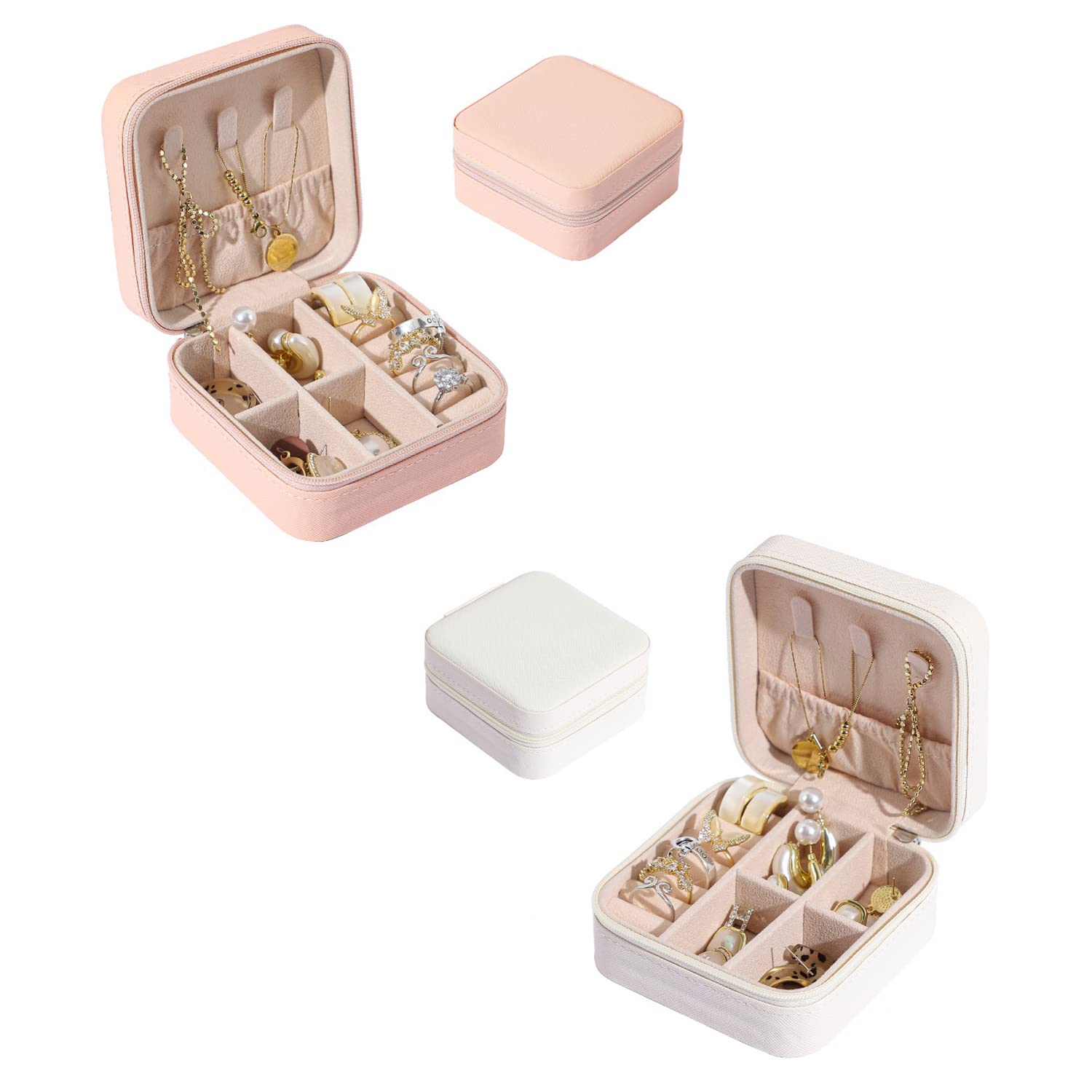 SIKAMARU 2pcs Mini Jewelry Box, Home Travel Storage Box, Storage Ring Earrings Necklace Bracelet Box, Gifts for Mother Daughter Girls (White, Pink)
