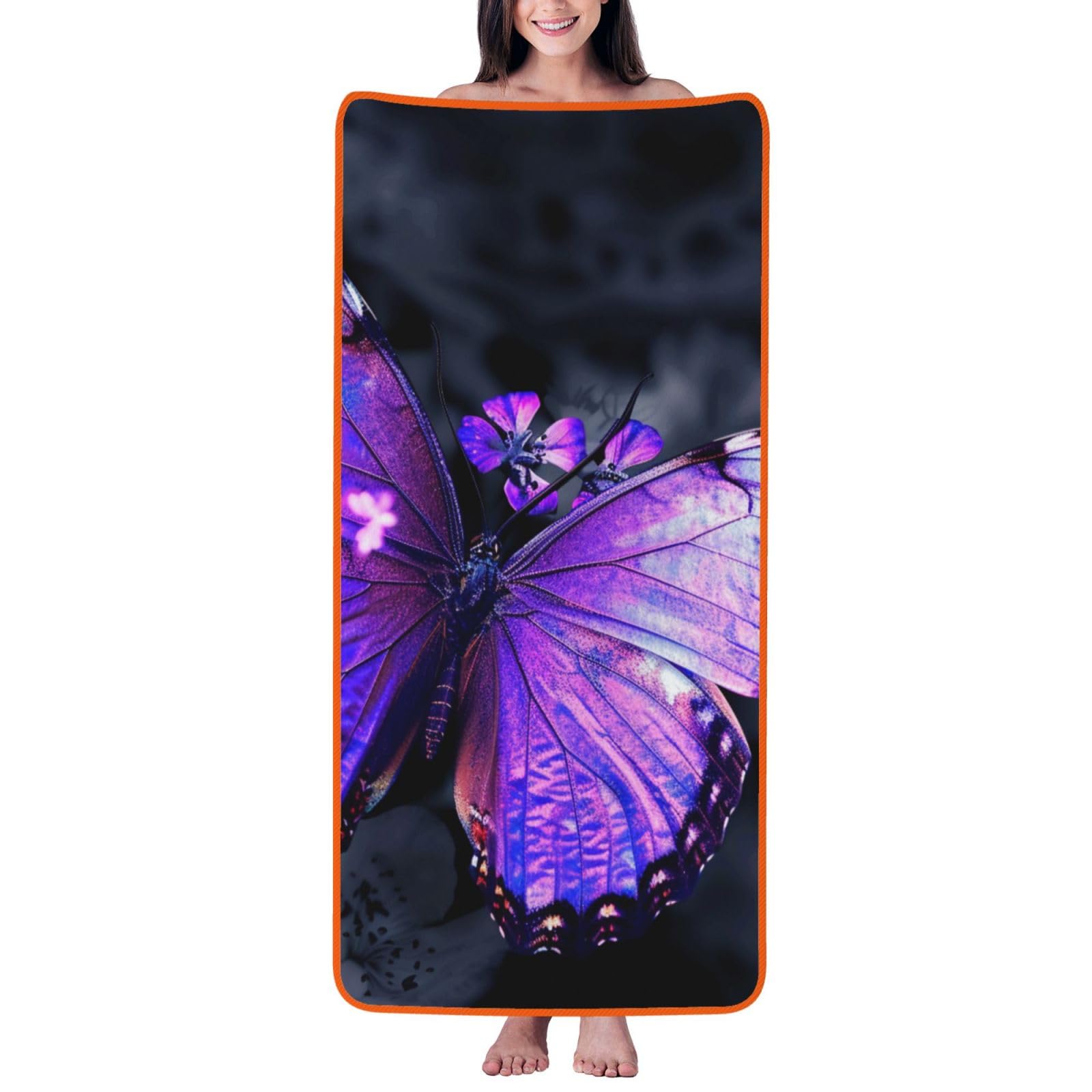 WPKJU Butterfly Printed Bath Towel with Orange Edging - 27x55 in Soft Extra Absorbent Coral Velvet Shower Towels for Bathroom
