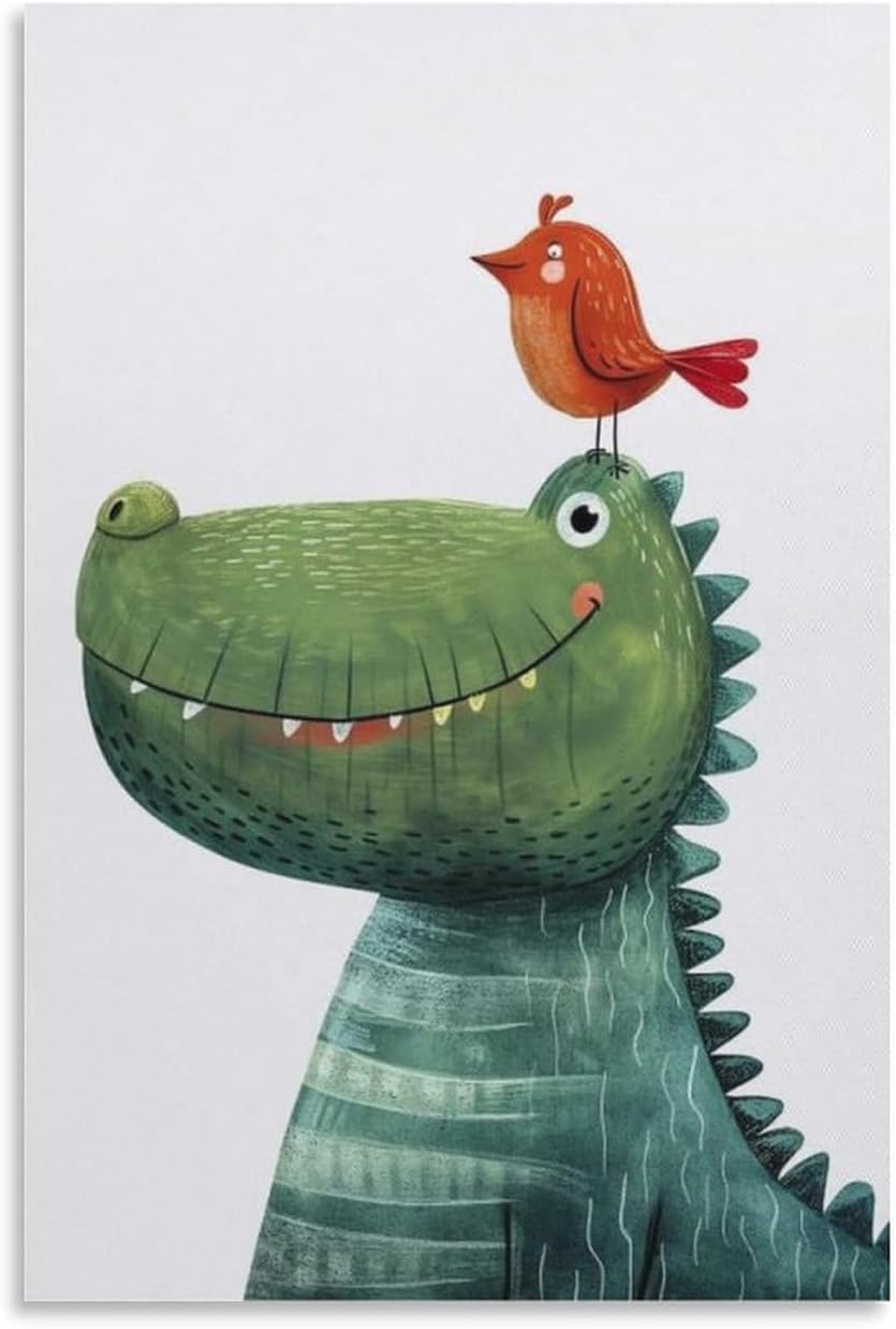 Joyful Crocodile with A Bird on Its Head Canvas Painting Wall Art Cute Animal Poster Print Artwork Picture for Kid Bedroom Nursery Decor 16x24inch(40x60cm) Unframe-style