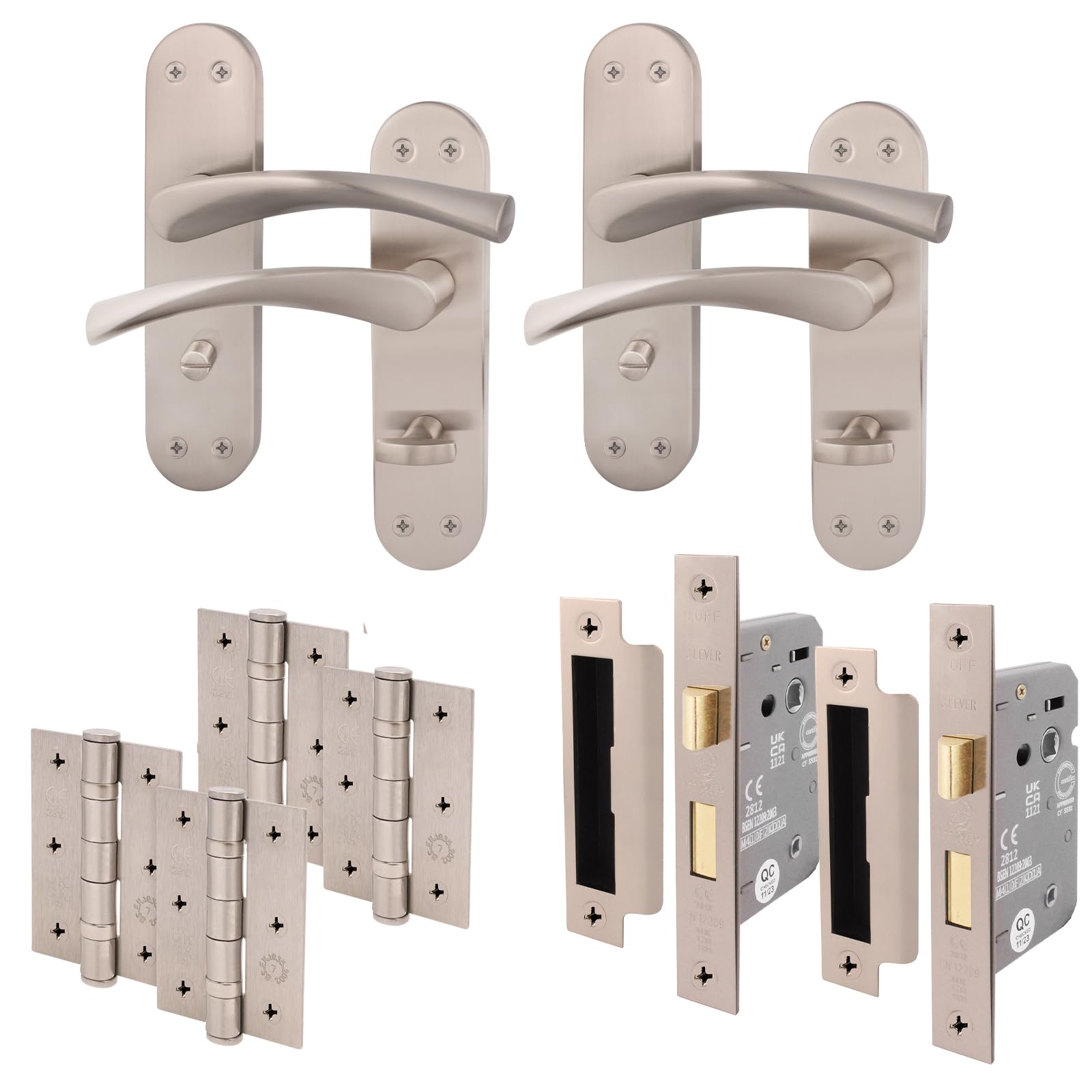 Eai Satin Nickel Satin Bathroom Door Handle Set - 2 Pairs Bathroom Handles On Backplate With Lock 64Mm & Hinges 76Mm - Novoli Range
