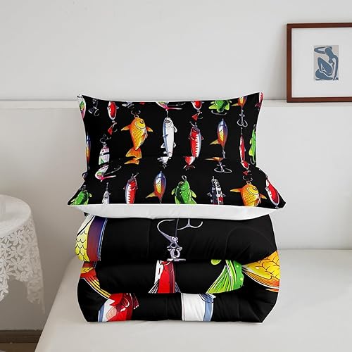 Miniatura 5 de Erosebridal Juego de edredón de peces coloridos, ropa de cama de tamaño individual, diseño de anzuelo de peces con temática de pesca, edredón de