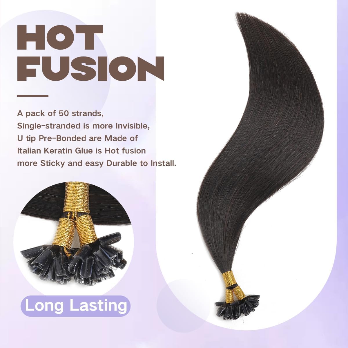 U Tip Hair Extensions Real Human Hair 50 Strands 40g 16inch Natural Black Pre Bonded Nail U Tip Hair Extensions #1B 16inch - Image 2