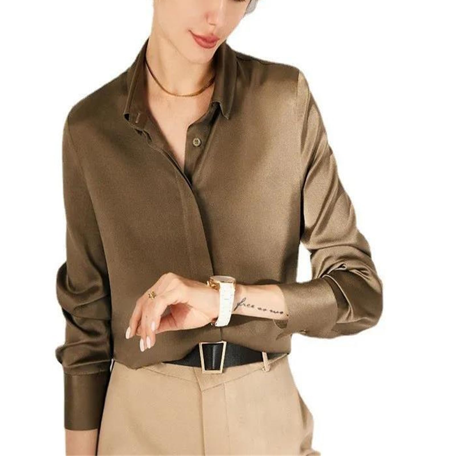 Vogrtcc Blusa de seda para mujer con encaje cosido de manga larga para oficina