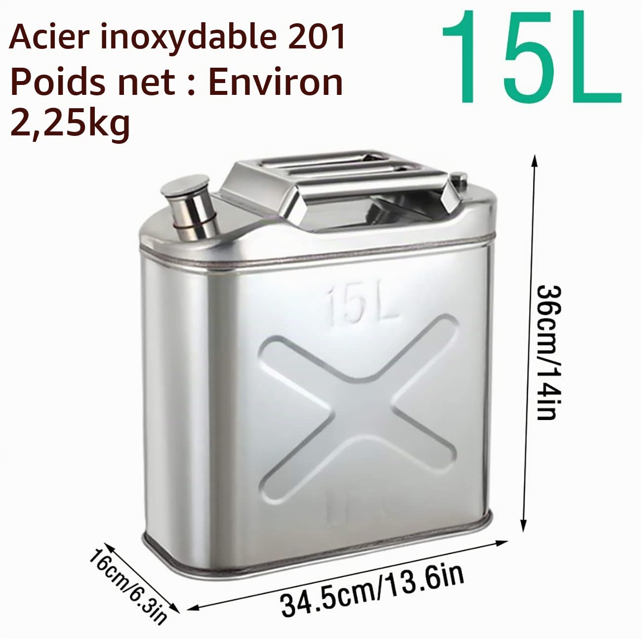 5L/10L/15L/20L Carburant Essence Essence Diesel Gaz Bidons Réservoir Conteneur De Sauvegarde, 201 Acier Inoxydable Jerry Can pour Moto Automobiles Tondeuse À Gazon Bateau Camping,15L