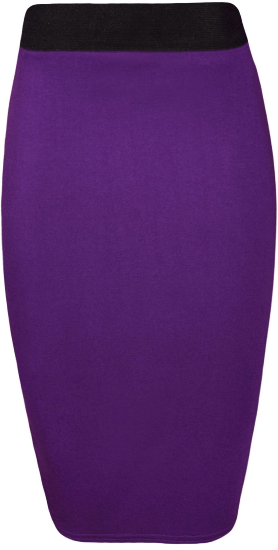 WearAll Womens Plain Elastic Waist Bodycon Stretch Ladies Pencil Midi Skirt - Purple - 12-14