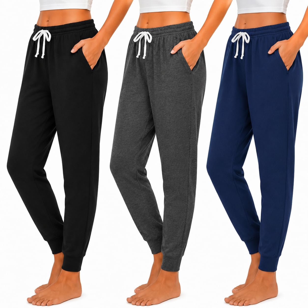 Essential Elements Womens 3 Pack 100% Cotton Joggers