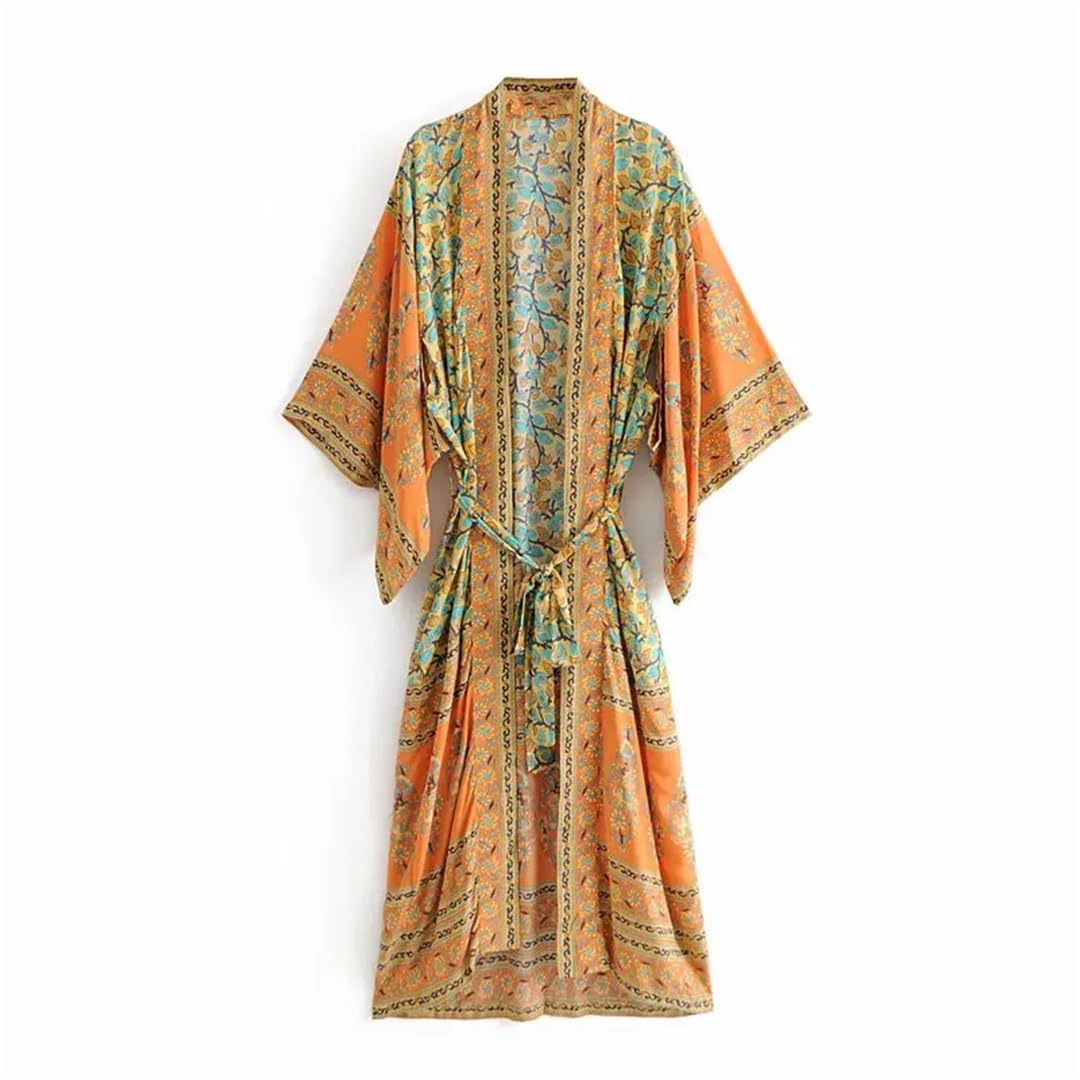 Wjnvfioo Donna Stampa Floreale Kimono Bohemian Camicetta Lunga Scollo a V Maniche a Pipistrello Maxi Top Spiaggia